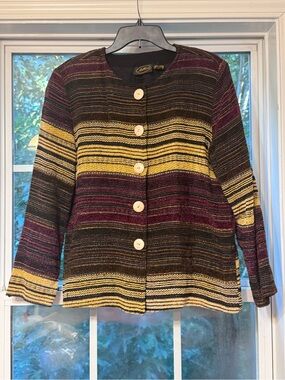 Allure Womens L Striped Woven Jacket Buttons Boho Art Wear-0220